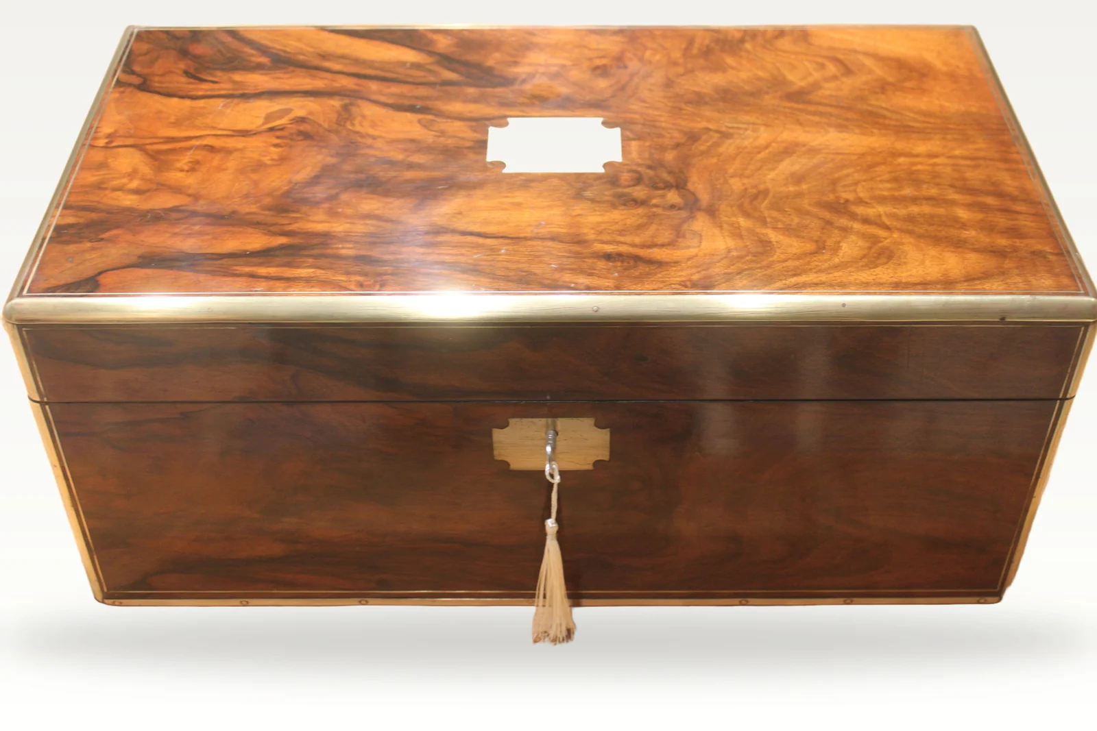 Large Victorian brass figured walnut writing slope with secret drawers 4903 — view 3