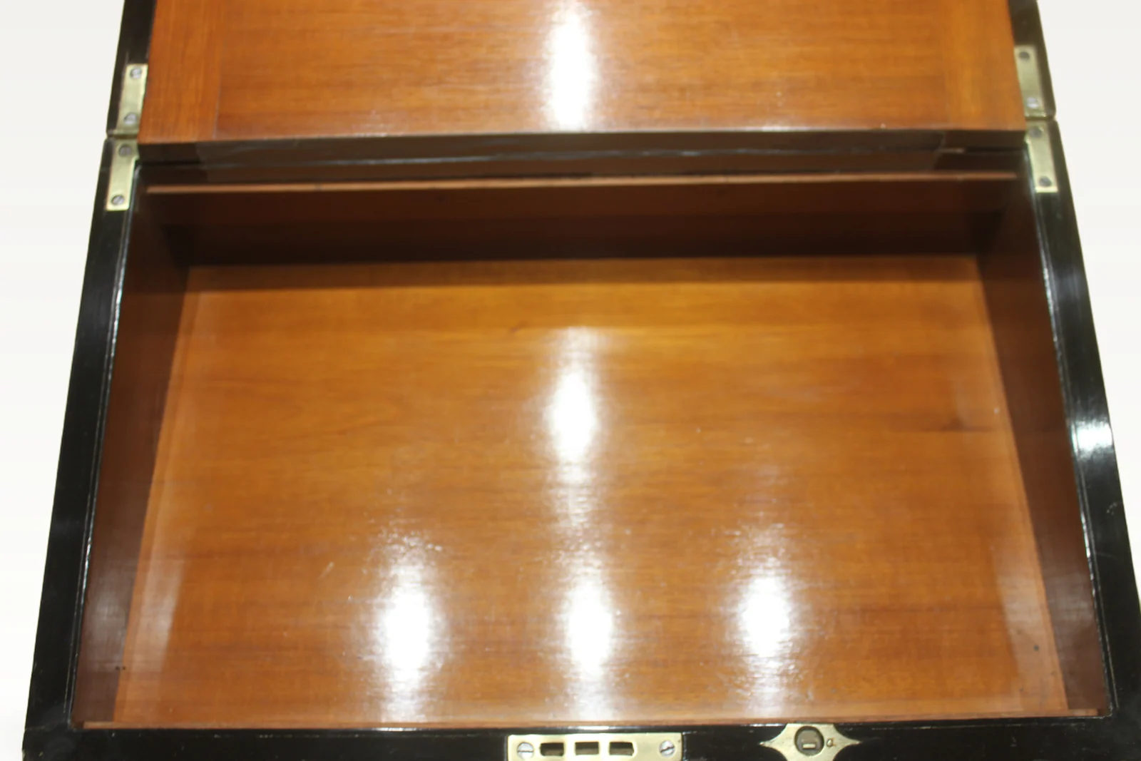 Victorian walnut and brass bound writing slope with secret drawers — view 6