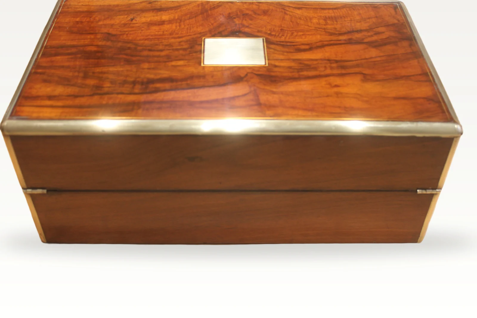 Victorian walnut and brass bound writing slope with Bramah lock, key and secret — view 3