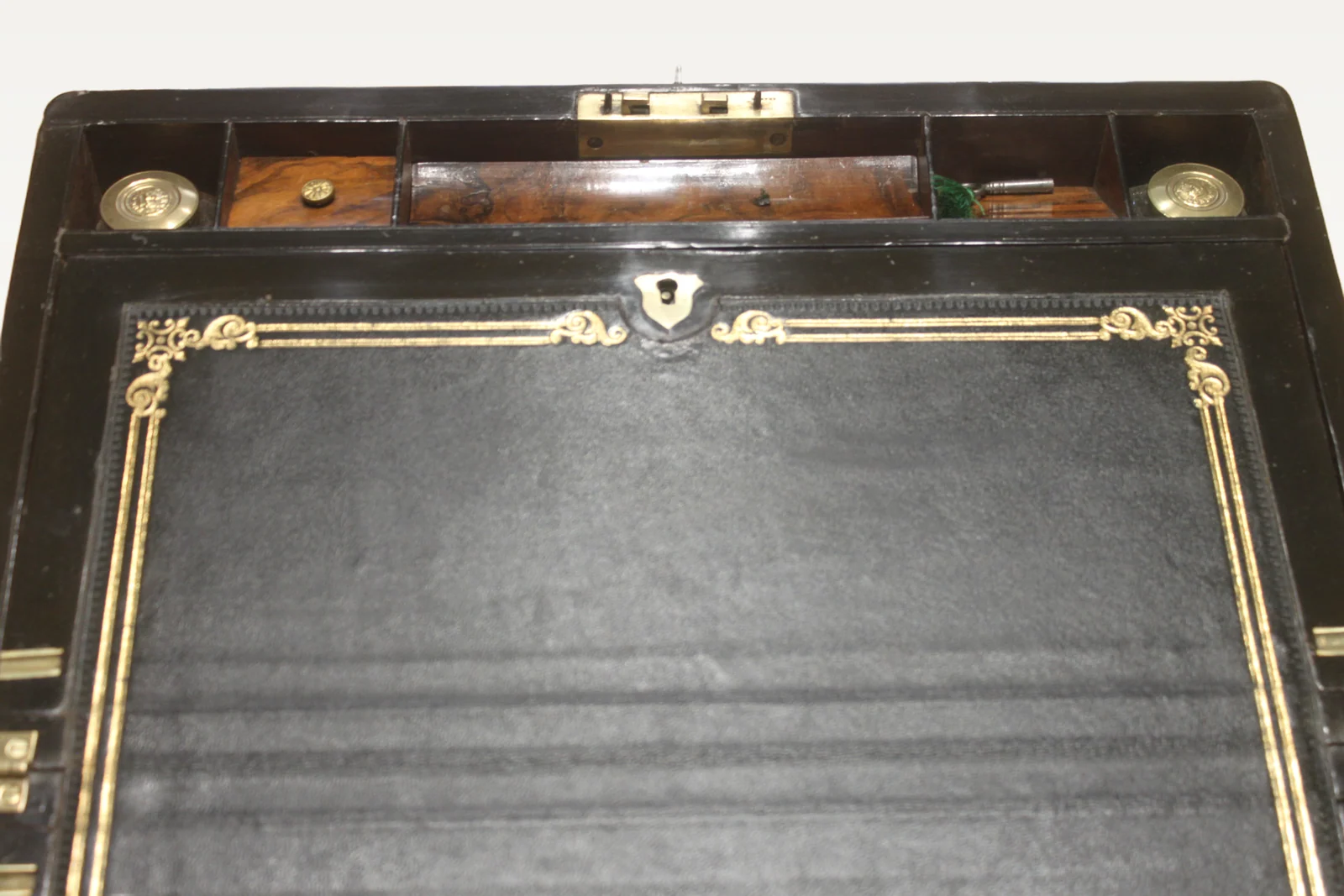 Victorian walnut and brass bound writing slope with Bramah lock, key and secret — view 13