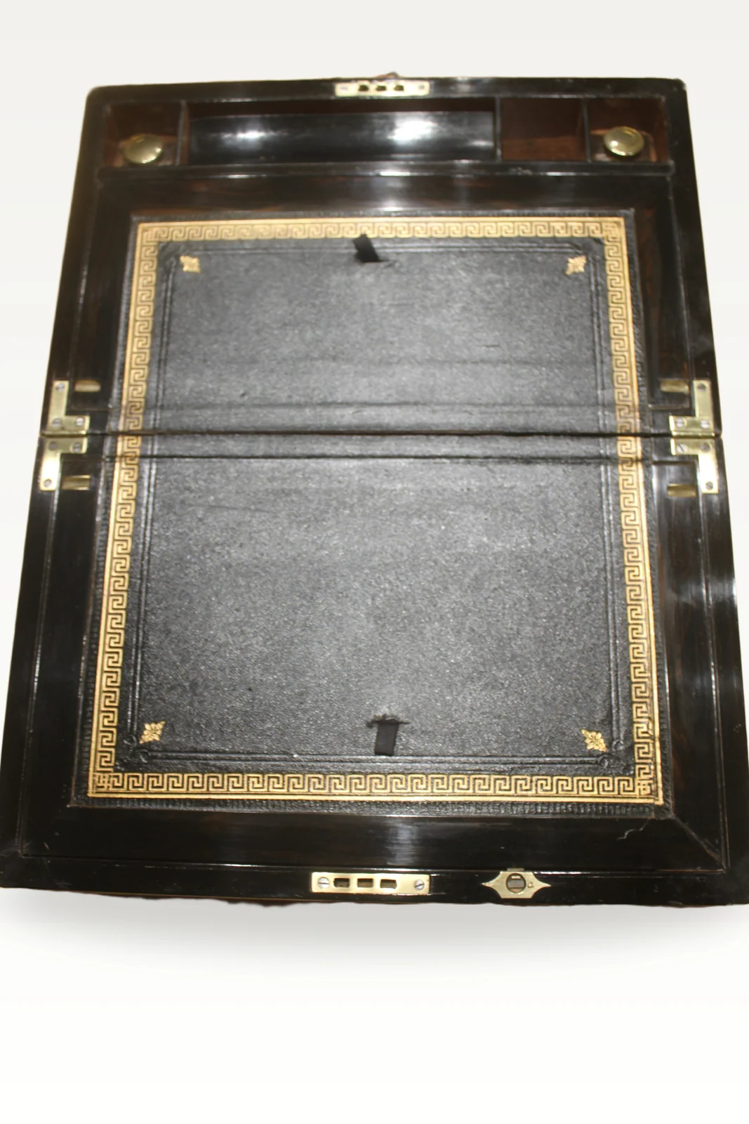 Victorian walnut and brass bound writing slope with secret drawers — view 4