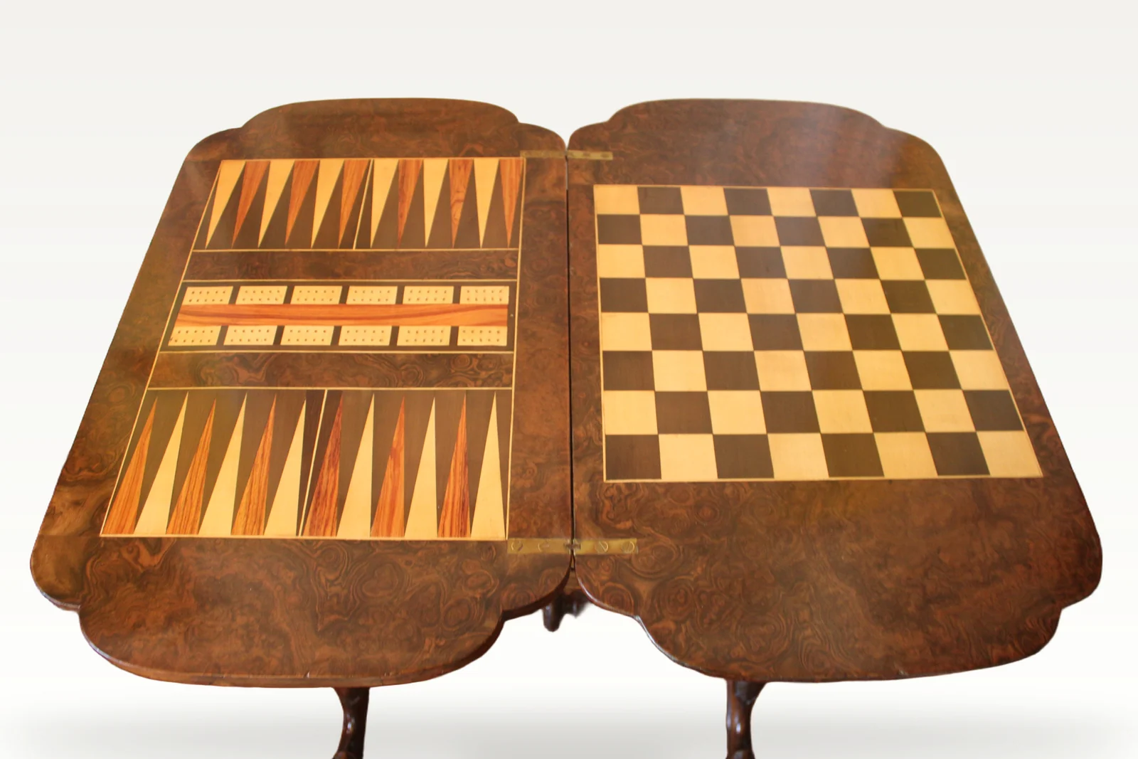A Victorian burr walnut games sewing table — view 9
