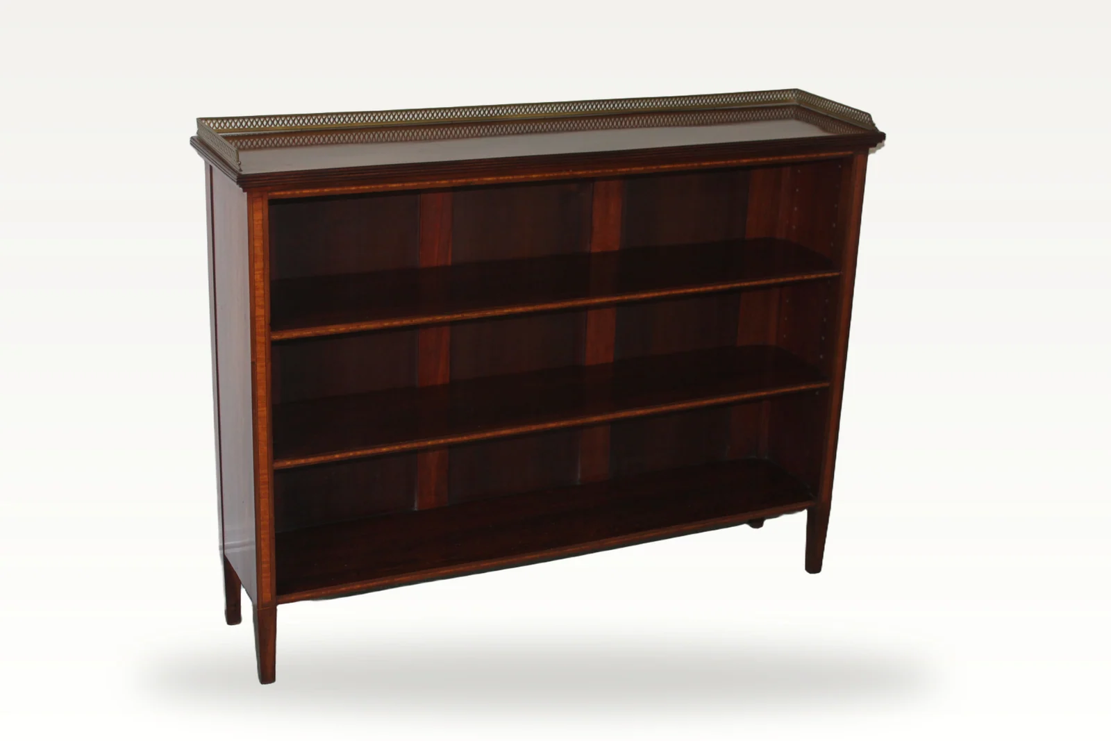"Sheraton Revival" mahogany inlaid open bookcase — view 2