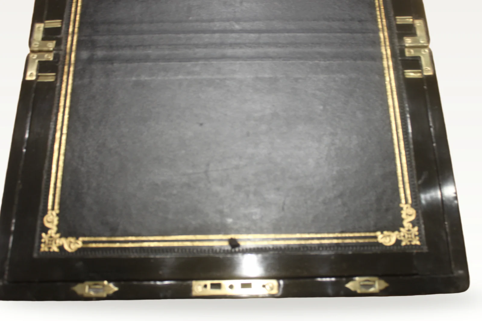 Victorian walnut and brass bound writing slope with Bramah lock, key and secret — view 11