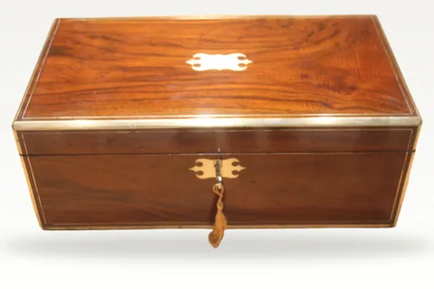 A large Victorian walnut and brass edged writing slope with secret drawers 4905