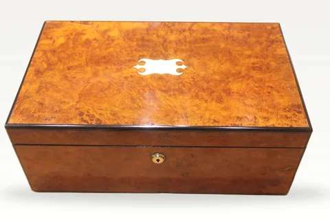 Burr walnut writing slope with secret drawers and Bramah lock