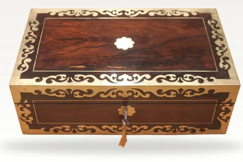 A Regency period rosewood and brass inlaid writing slope + secret drawers 4904