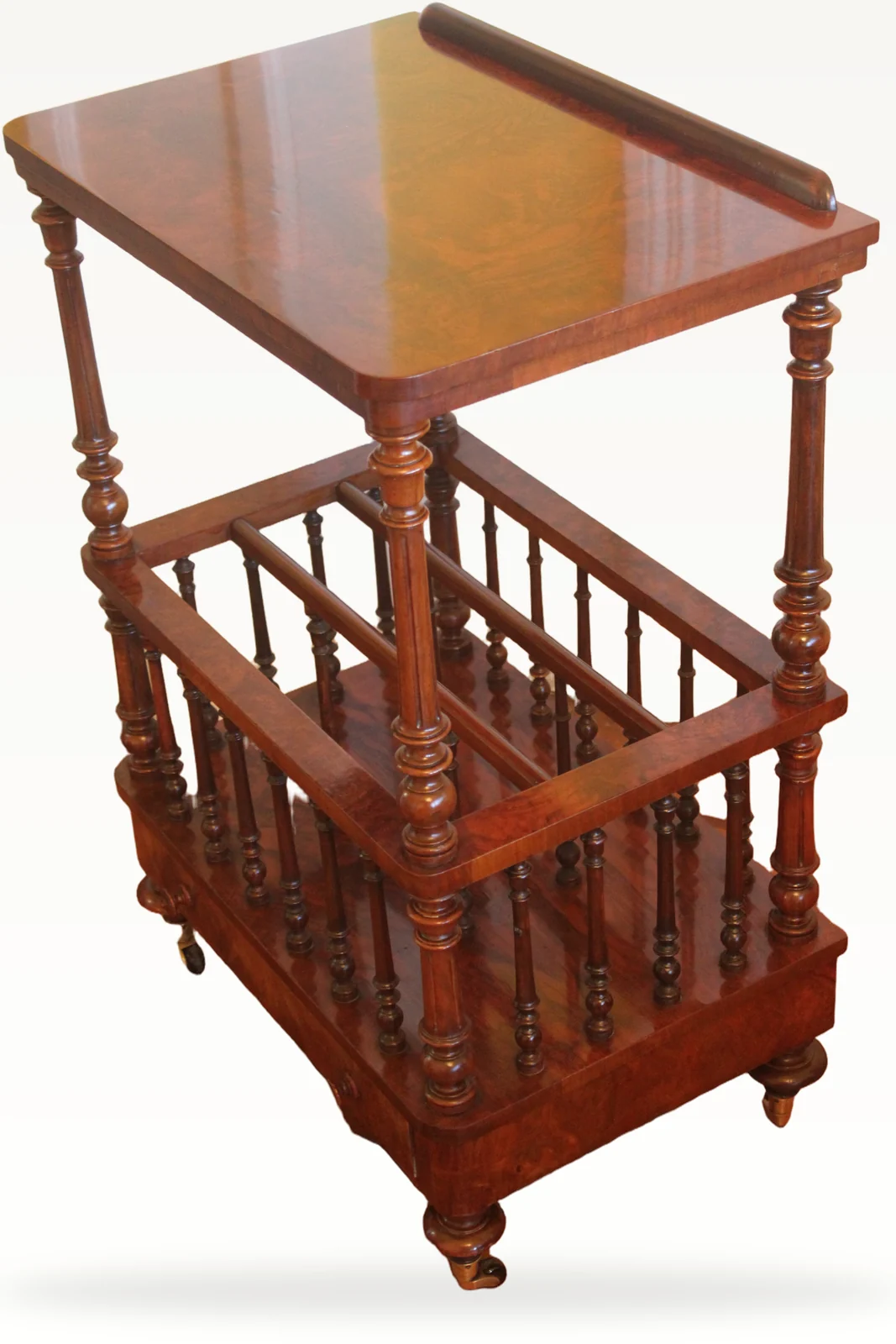Victorian burr walnut Canterbury What-not — view 2