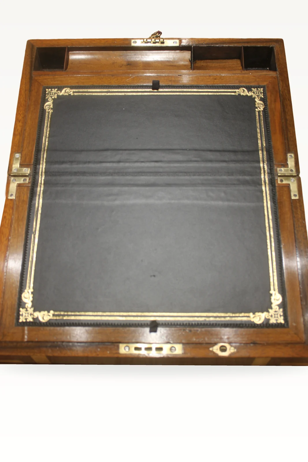 A good Victorian figured walnut brass bound writing slope + secret drawers 4914 — view 6