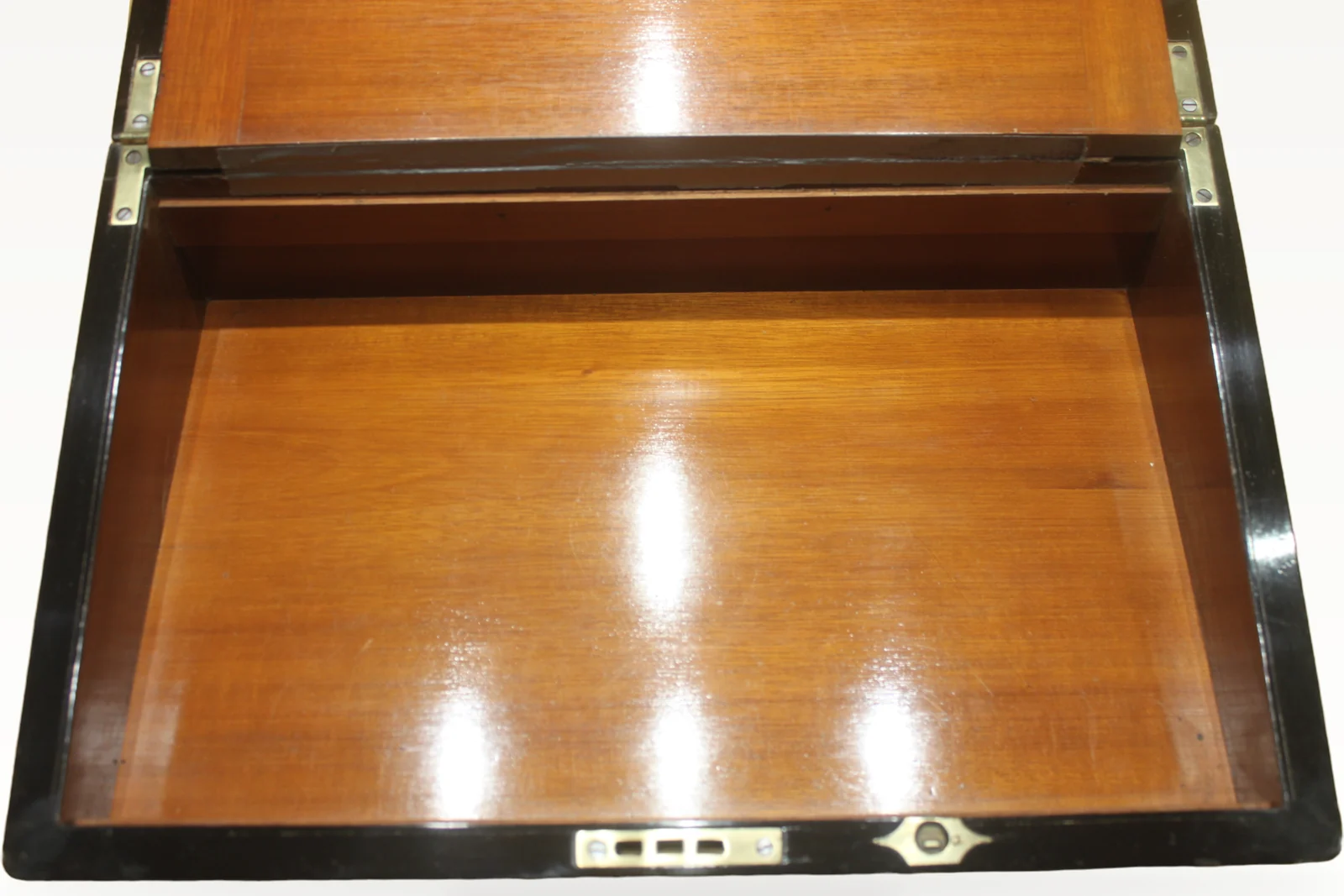 Victorian walnut and brass bound writing slope with secret drawers — view 5