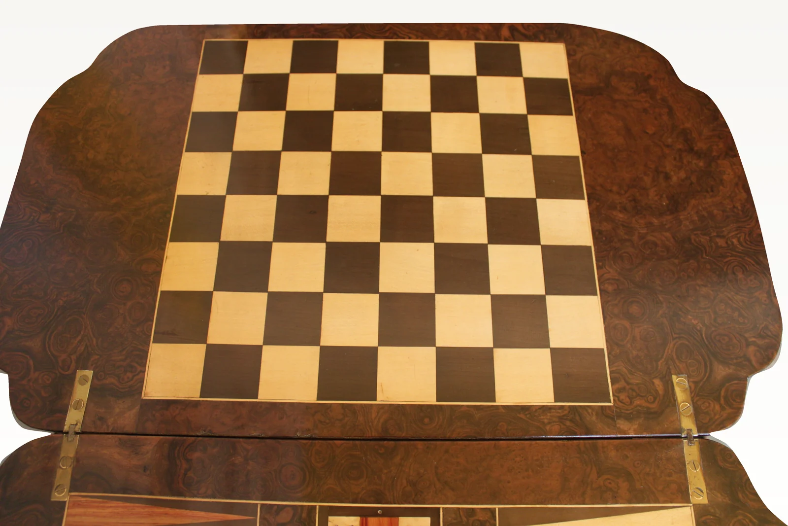 A Victorian burr walnut games sewing table — view 8