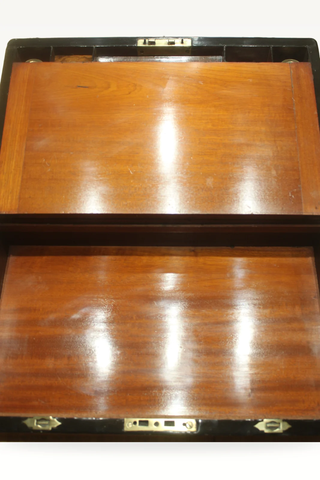 Victorian walnut and brass bound writing slope with Bramah lock, key and secret — view 6