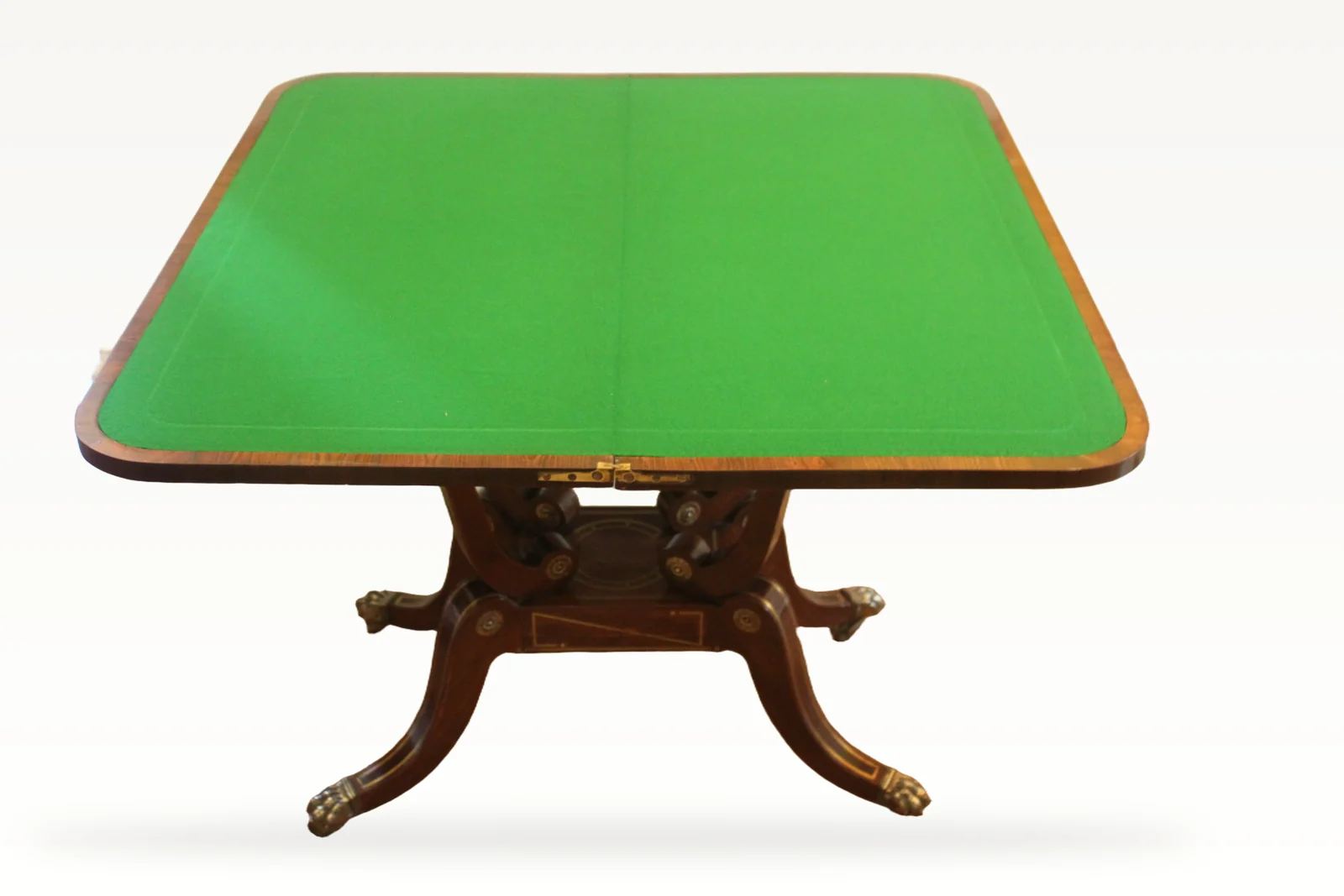 A fine Regency period mahogany brass inlaid fold-over card table — view 8