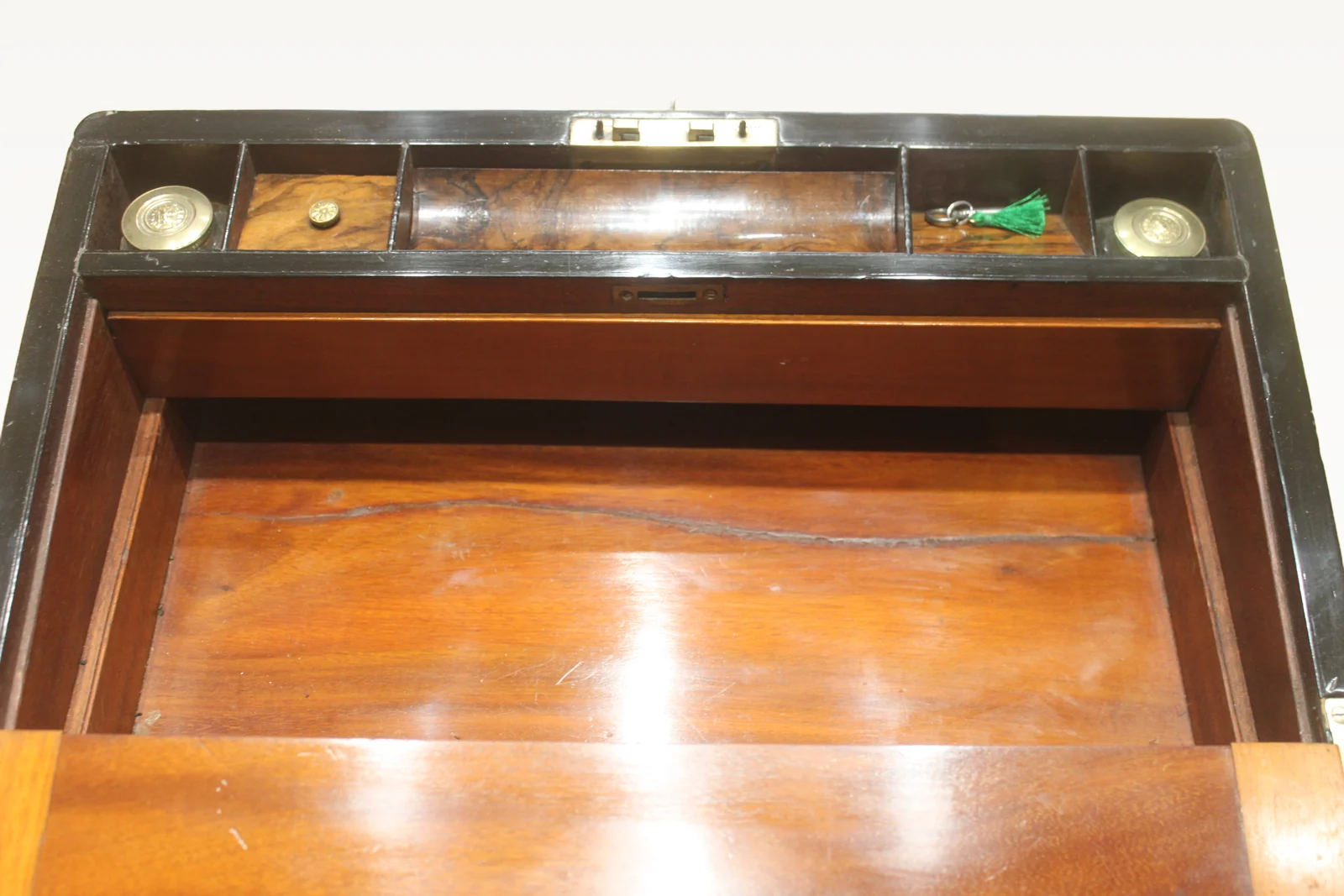 Victorian walnut and brass bound writing slope with Bramah lock, key and secret — view 7