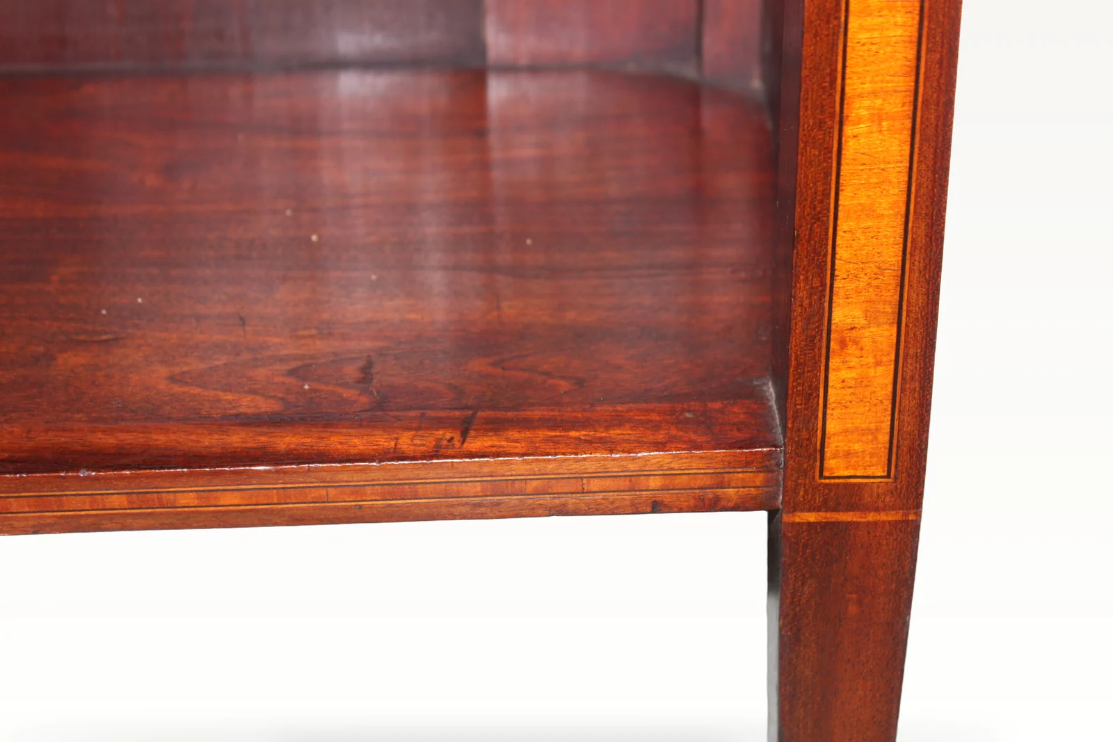 "Sheraton Revival" mahogany inlaid open bookcase — view 5
