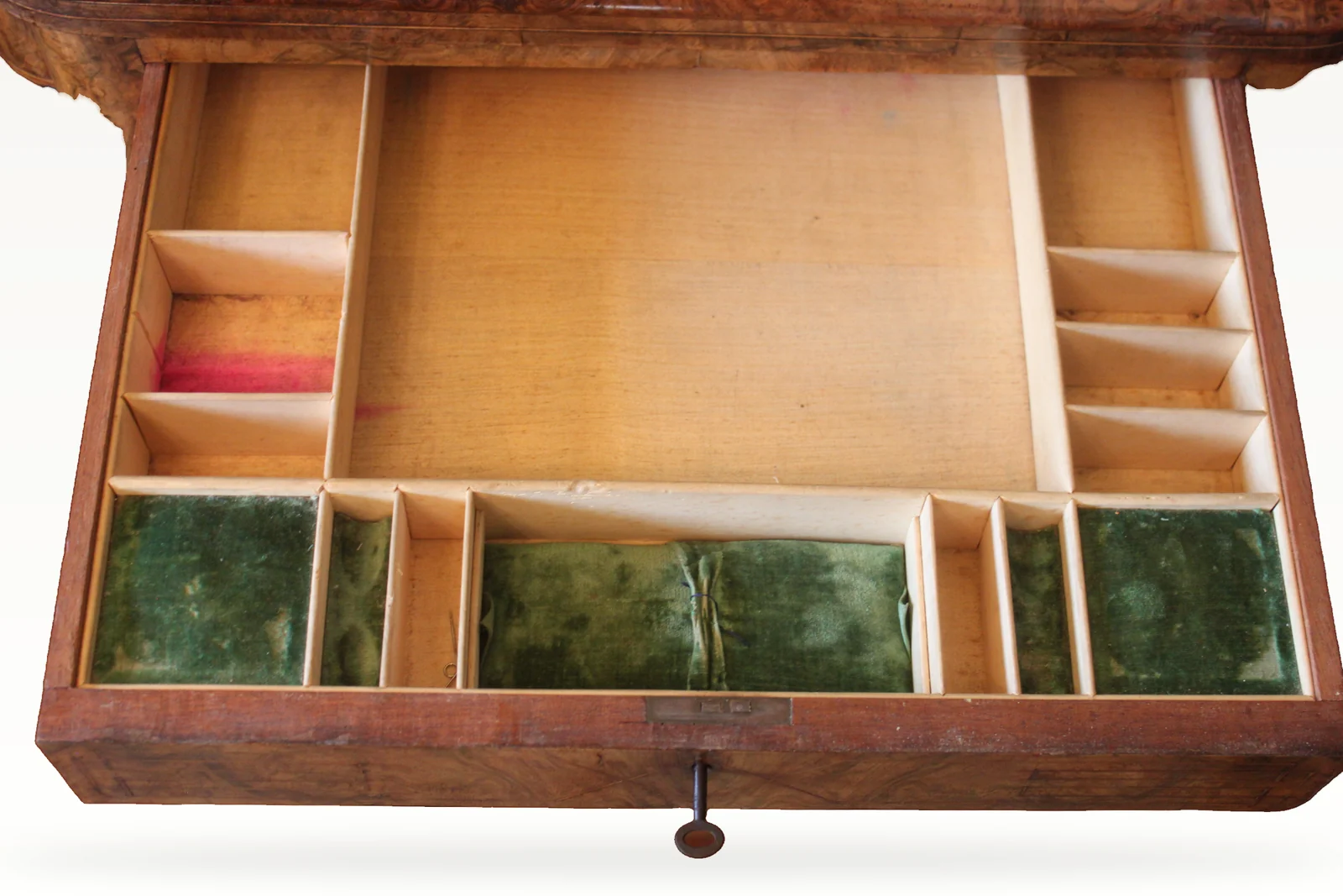 A Victorian burr walnut games sewing table — view 10