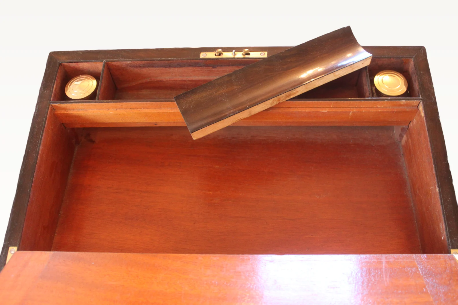 Victorian figured walnut writing slope with brass corners — view 8