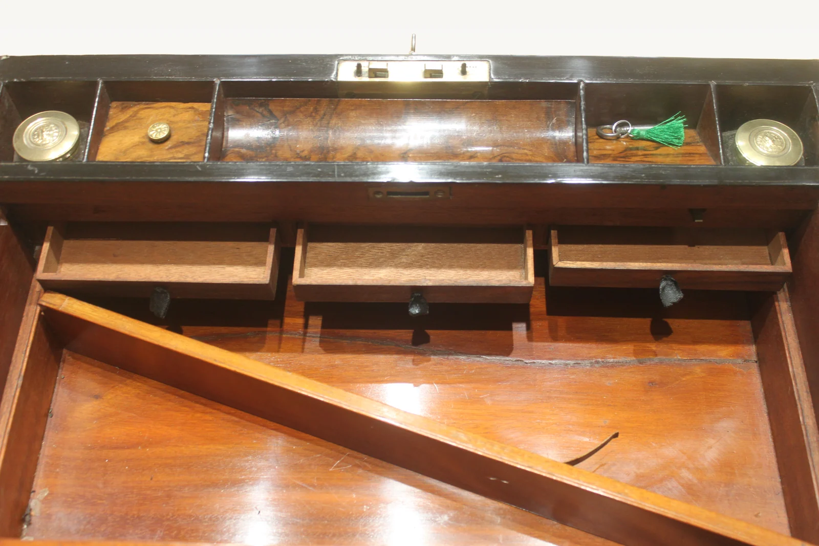 Victorian walnut and brass bound writing slope with Bramah lock, key and secret — view 9
