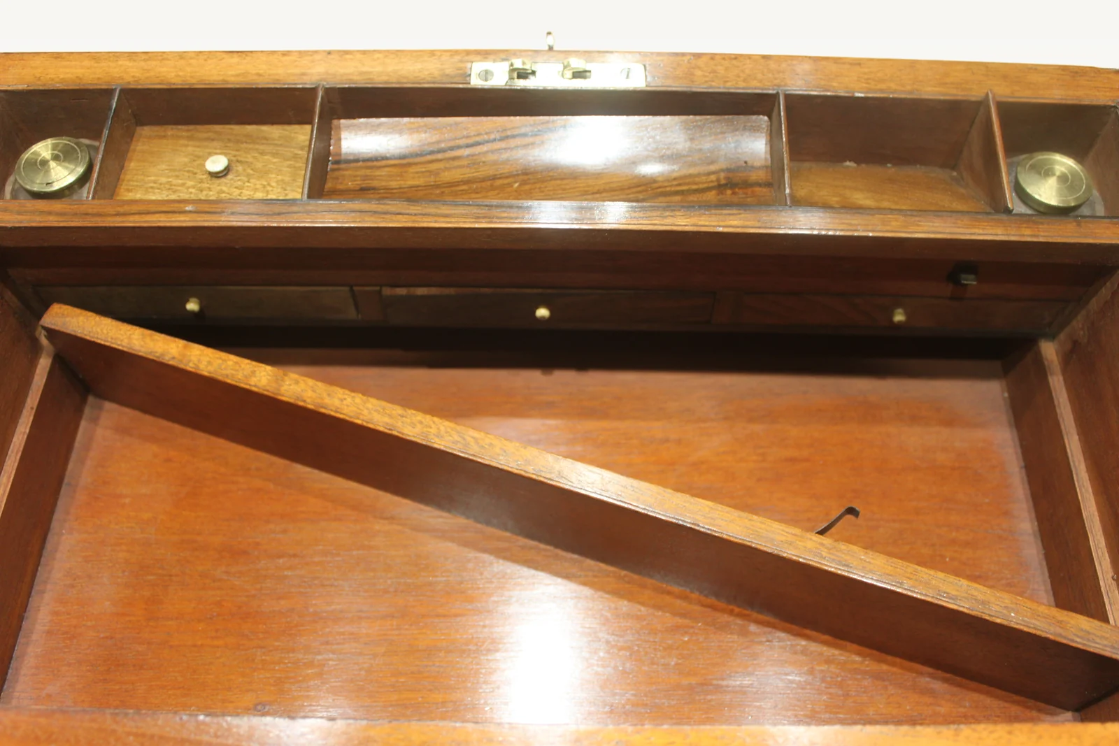 A large Victorian walnut and brass edged writing slope with secret drawers 4905 — view 14