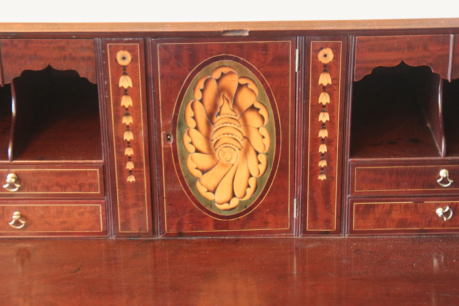 A large George III mahogany bureau with fitted interior — view 6