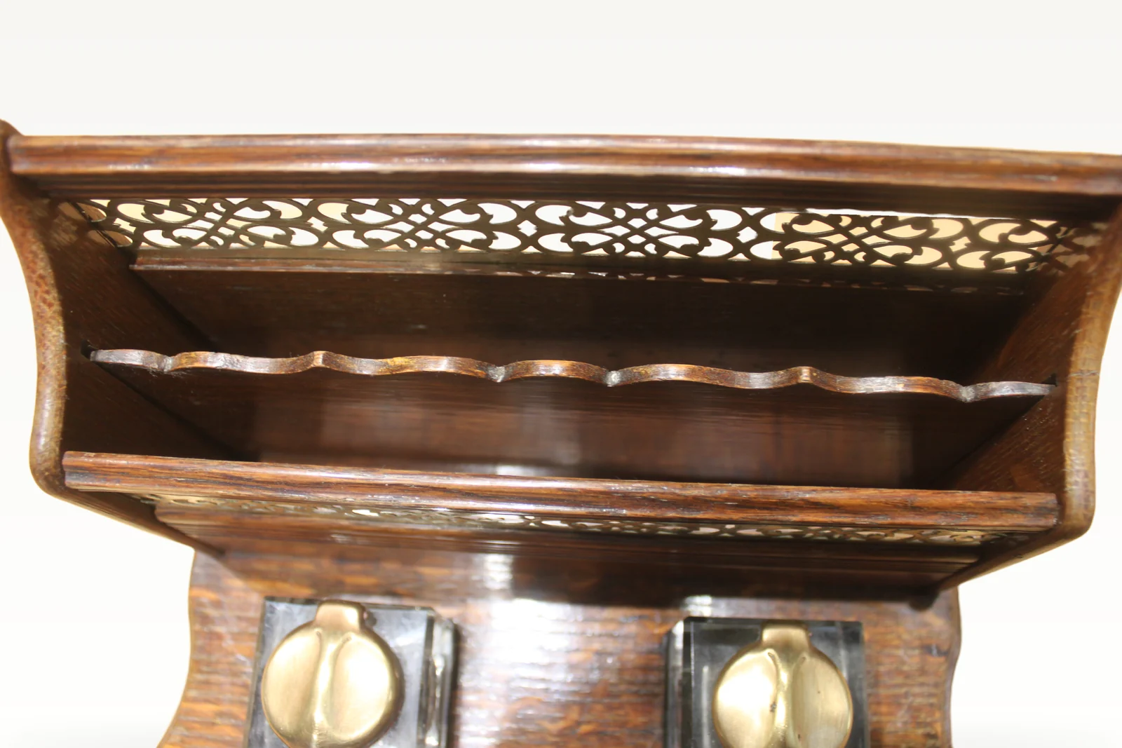 Late Victorian oak and brass desk tidy or standish — view 3