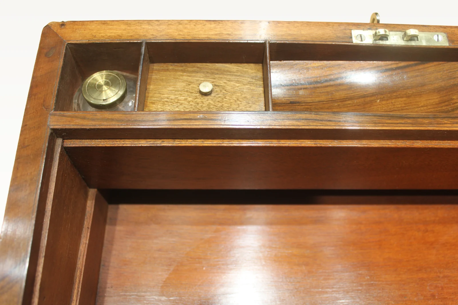 A large Victorian walnut and brass edged writing slope with secret drawers 4905 — view 13
