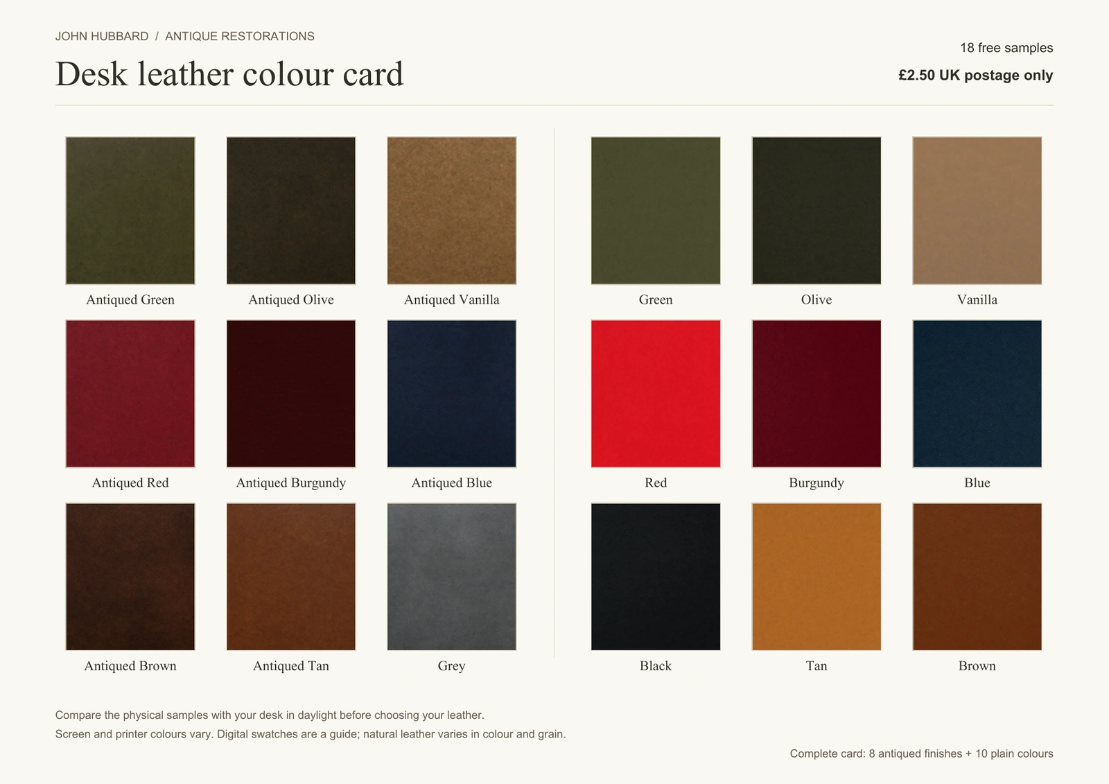 All 18 desk leather samples are free; pay only £2.50 UK postage. Colour card showing the eight antiqued finishes and ten plain colours.