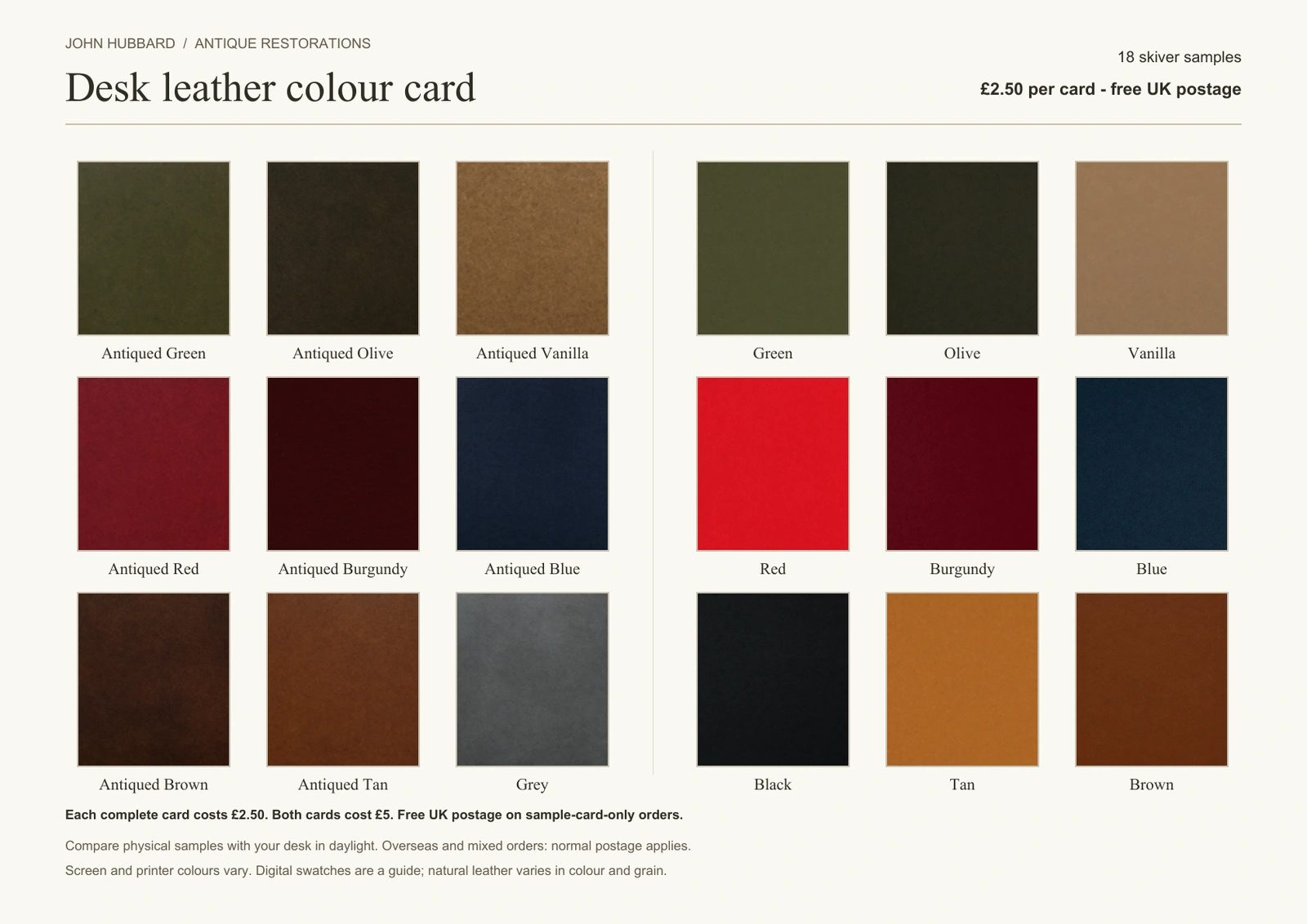 18-colour complete skiver sample card: £2.50 per card, free UK postage