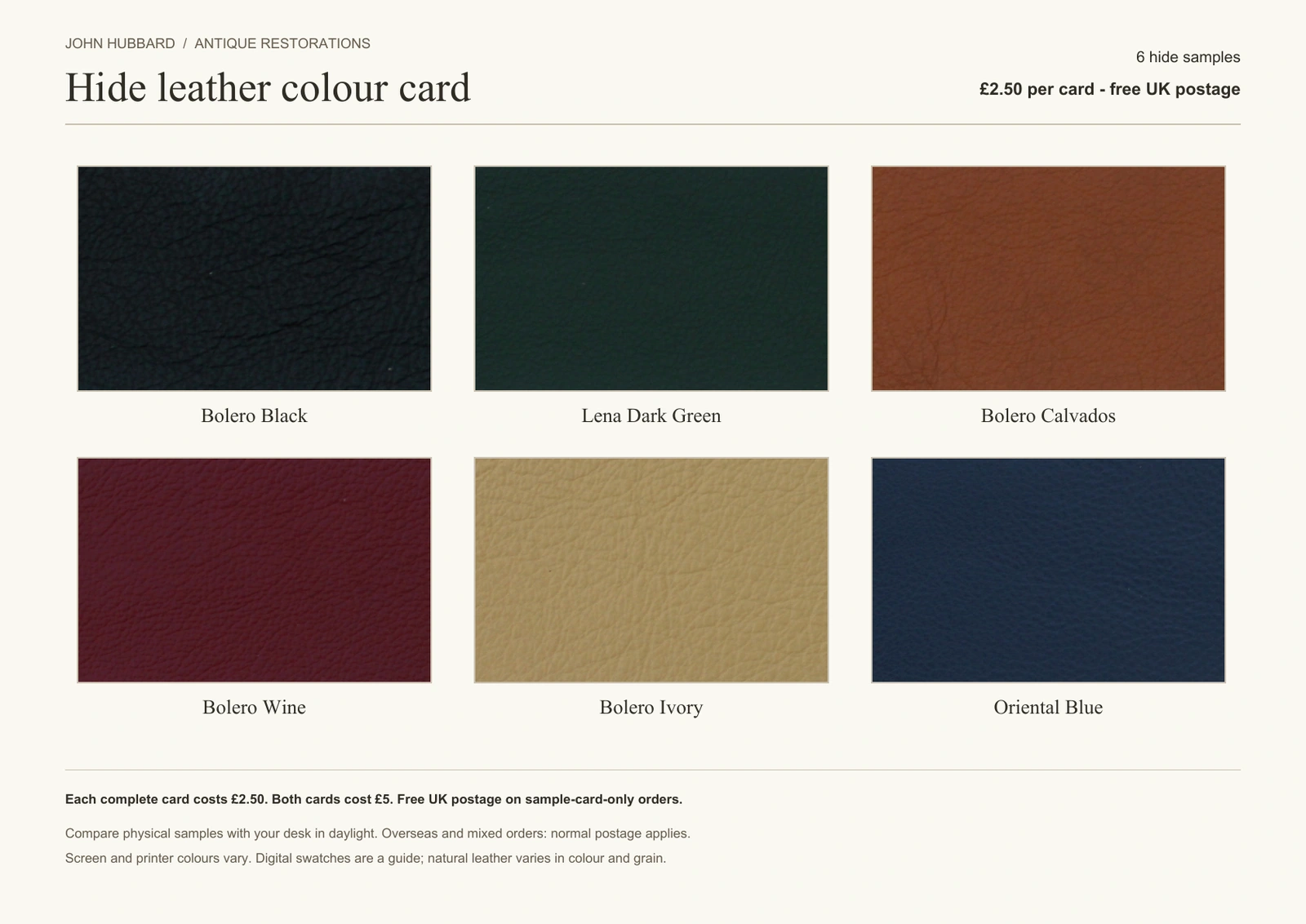 6-colour complete hide sample card: £2.50 per card, free UK postage